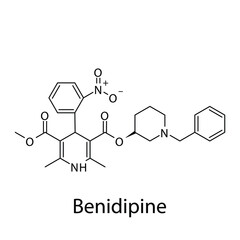 Benidipine molecular structure, flat skeletal chemical formula. Calcium channel blocker CCB Dihydropyridine drug used to treat Hypertension, Angina. Vector illustration.