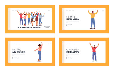 Greeting Gesturing, Fun Landing Page Template. Happy People Raising and Waving Hands Celebrate Success Gestures