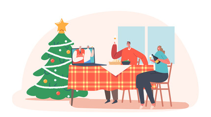 Christmas Party Online, Family Celebrate Xmas Remotely. Distant Holiday Celebration, Xmas or New Year during Lockdown