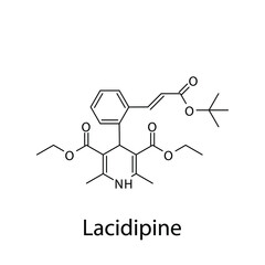 Lacidipine molecular structure, flat skeletal chemical formula. Calcium channel blocker CCB Dihydropyridine drug used to treat Hypertension. Vector illustration.