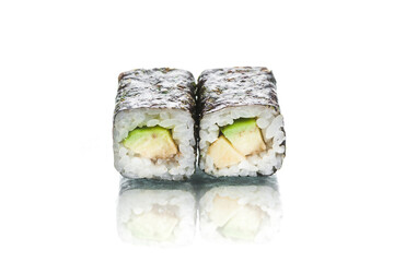 Two pieces of Japanese Vegan Maki sushi roll with nori seaweed on top. Avocado inside roll. Side view of asian veggie roll isolated on white background. Copy space menu image with reflection 
