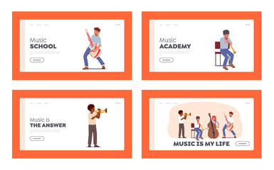 Kids in Music School Landing Page Template Set. Students with Instruments Trumpet, Double Bass, Bassoon and Guitar