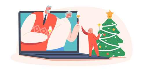 Little Baby Clinking Glass with Grandparents on Laptop Screen. Family Celebrate Christmas Remotely. Online Holiday Party