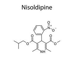 Nisoldipine molecular structure, flat skeletal chemical formula. Calcium channel blocker CCB Dihydropyridine drug used to treat Hypertension. Vector illustration.