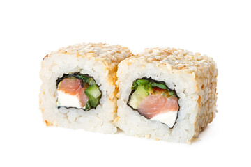 Two pieces of Japanese sushi roll with sesame seeds on top and salmon, cream cheese and cucumber inside roll. Side view of Asian inside out roll isolated on white background. Copy space menu image
