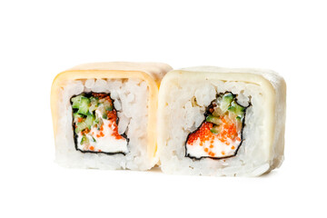 Two pieces of Japanese inside out sushi roll with flying fish roe Tobiko caviar, cucumber and cream cheese inside and cheese on top. Asian dish isolated on white background. Single object. Copy space

