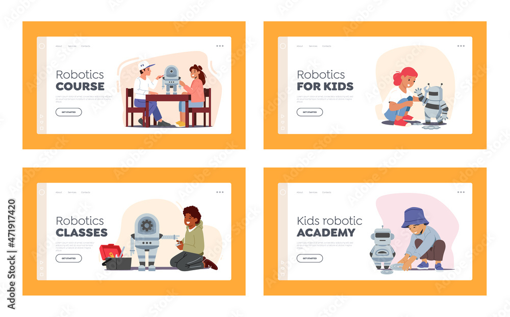 Poster kids programming robots landing page template set. engineering for kids, children learn science, mec