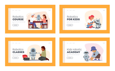 Kids Programming Robots Landing Page Template Set. Engineering for Kids, Children Learn Science, Mechanic Activities