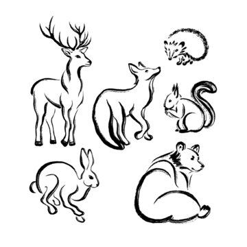 Set of animals bear, fox, hare, squirrel, deer, hedgehog. Minimalistic one-stroke drawing, brush and paint texture. Vector illustration
