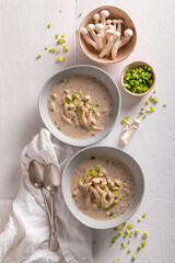 Homemade shimeji mushroom soup as aromatic Japanese cuisine.