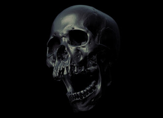 Only Human skull full face on Black Isolated Background. The concept art of death, horror. Design for print, poster. A symbol of spooky Halloween, Virus, immortal, pirat. 3d rendering illustration.