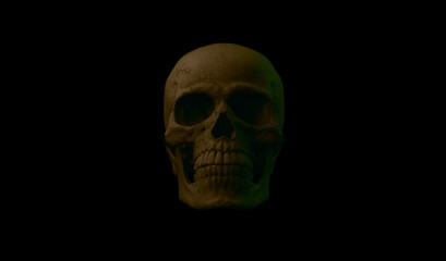 Only Human skull full face on Black Isolated Background. The concept art of death, horror. Design for print, poster. A symbol of spooky Halloween, Virus, immortal, pirat. 3d rendering illustration.