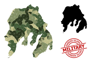 Low-Poly mosaic map of Gambier Island, and unclean military stamp seal. Low-poly map of Gambier Island is combined from random camouflage filled triangles.