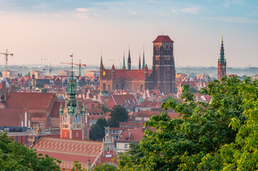 Obraz premium Gdansk, Poland, morning view of the historical city center with St Mary's church