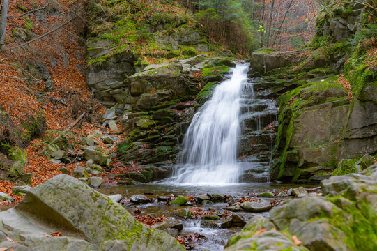 Waterfall in Obidza, late autumn, Beskid Sadecki mountain range in Carpathian Mountains, Poland.