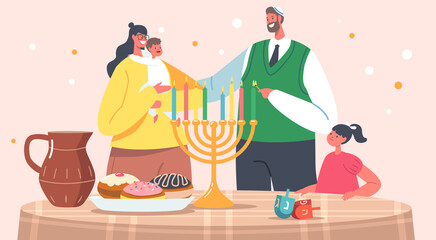 Father, Mother and Kids Celebrating Hanukkah, Jewish Festival of Lights. Dad Wear Kippah Lighting Candles on Menorah