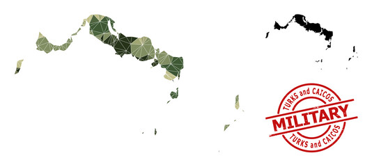Low-Poly mosaic map of Turks and Caicos Islands, and distress military watermark. Low-poly map of Turks and Caicos Islands designed from randomized camo colored triangles.