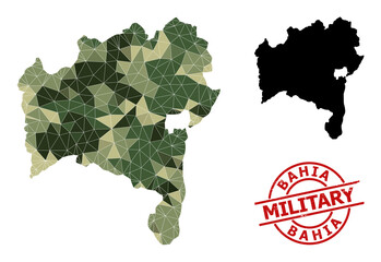 Lowpoly mosaic map of Bahia State, and rubber military stamp imitation. Lowpoly map of Bahia State constructed of scattered camo colored triangles.
