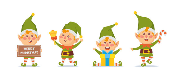 Obraz na płótnie Canvas Christmas Elves Isolated on White Background. Bundle of Santa Helpers Holding Holiday Sweets, Gifts and Decorations