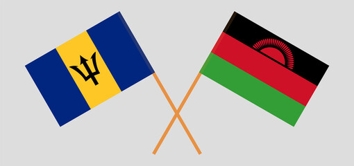 Crossed flags of Barbados and Malawi. Official colors. Correct proportion