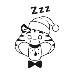 Black and white outline napping funny tiger head in Santa hat isolated on white background. Adorable sleeping cartoon striped line character face. Cute Chinese New Year symbol vector illustration.