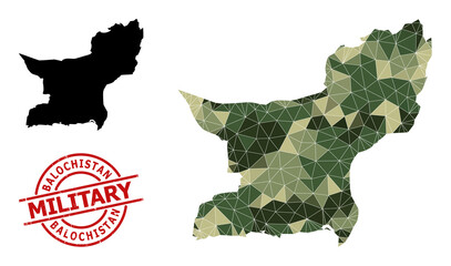 Low-Poly mosaic map of Balochistan Province, and rubber military stamp. Low-poly map of Balochistan Province is constructed of chaotic camouflage color triangles.