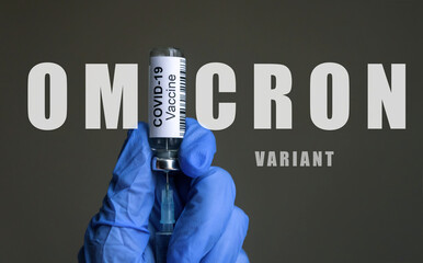 Omicron COVID-19 variant poster, vaccine bottle and syringe in doctor hands