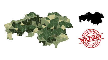 Lowpoly mosaic map of North Brabant Province, and distress military stamp print. Lowpoly map of North Brabant Province designed of scattered camouflage colored triangles.