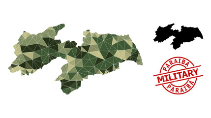 Lowpoly mosaic map of Paraiba State, and textured military stamp seal. Lowpoly map of Paraiba State is constructed from random camouflage filled triangles.