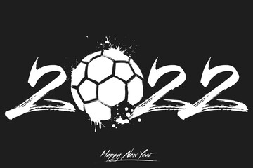 Numbers 2022 and a abstract handball ball made of blots in grunge style. Design text logo Happy New Year 2022. Template for greeting card, banner, poster. Vector illustration on isolated background