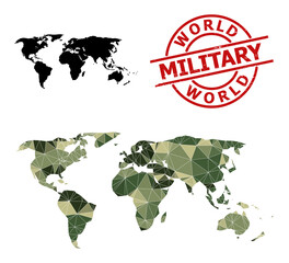 Lowpoly mosaic map of world, and unclean military stamp print. Lowpoly map of world designed of chaotic camo filled triangles. Red round stamp for military and army concept illustrations,