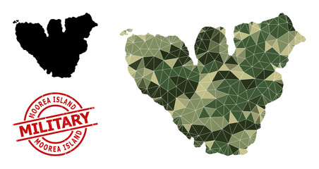 Triangulated mosaic map of Moorea Island, and grunge military stamp seal. Low-poly map of Moorea Island designed of random camouflage colored triangles.