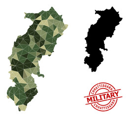 Low-Poly mosaic map of Chhattisgarh State, and scratched military watermark. Low-poly map of Chhattisgarh State is designed of chaotic camouflage filled triangles.