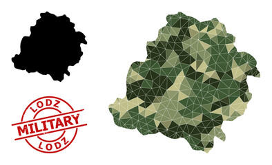 Low-Poly mosaic map of Lodz Province, and rough military stamp imitation. Low-poly map of Lodz Province is constructed of randomized camo filled triangles.