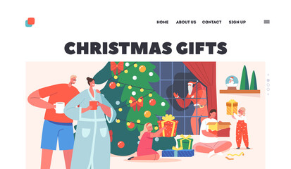 Christmas Gifts Landing Page Template. Big Happy Family Xmas Celebration, Parents and Kids Open People Celebrate