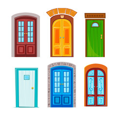 Set of multi-colored doors from the house. Freestanding elements of architecture. Vector illustration in cartoon children's style. Isolated funny clipart on white background.