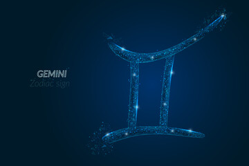 Abstract futuristic image of gemini zodiac sign. Astrological horoscope characteristic. Polygonal vector illustration looks like stars in the blask night sky in spase. Digital low poly design. © Katsiaryna