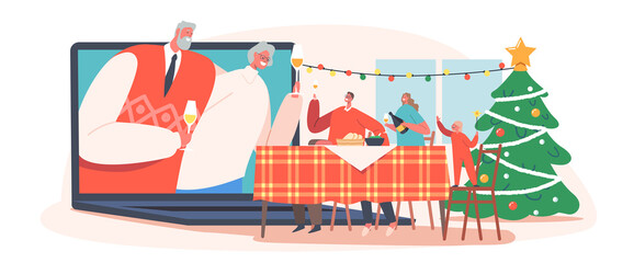 Family Celebrate Christmas Remotely. Grandparents, Parents and Child Clinking Glasses through Laptop Screen, Online