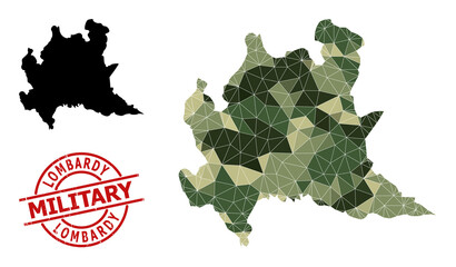 Lowpoly mosaic map of Lombardy region, and unclean military stamp imitation. Lowpoly map of Lombardy region is designed of scattered khaki filled triangles. - obrazy, fototapety, plakaty