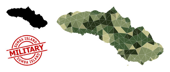 Triangle mosaic map of Sumba Island, and distress military stamp print. Low-poly map of Sumba Island is combined from chaotic camouflage filled triangles.