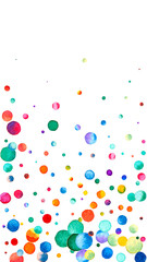Watercolor confetti on white background. Alive rainbow colored dots. Happy celebration high colorful bright card. Uncommon hand painted confetti.