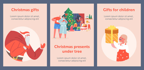 Fototapeta na wymiar Big Happy Family Celebration Cartoon Posters, Parents and Kids Open Gifts, Celebrate Eve at Home near Christmas Tree