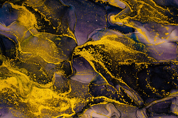 Abstract bright shiny color fluid background, hand drawn alcohol painting with golden streaks, liquid ink technique texture for backdrop design