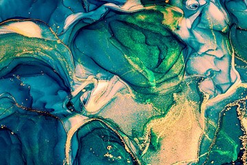 Abstract blue bright shiny color fluid background, hand drawn alcohol painting with golden streaks, liquid ink technique texture for backdrop design