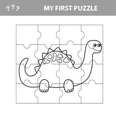 Cute puzzle game. Vector illustration of puzzle game with happy cartoon dino for children. My first puzzle. Coloring page