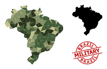 Low-Poly mosaic map of Brazil, and unclean military watermark. Low-poly map of Brazil is combined with scattered khaki filled triangles. Red round stamp for military and army conceptual illustrations,