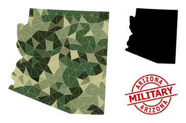 Triangulated mosaic map of Arizona State, and rough military stamp print. Low-poly map of Arizona State constructed from chaotic camo color triangles.