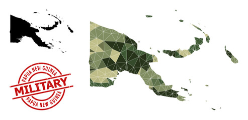Low-Poly mosaic map of Papua New Guinea, and grunge military stamp print. Low-poly map of Papua New Guinea designed from randomized khaki color triangles.