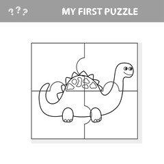 Cute puzzle game. Vector illustration of puzzle game with happy cartoon dino for children. My first puzzle. Coloring page