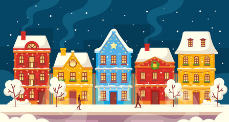 Naklejka premium Winter City Houses, Night Town Street with Snowy Trees and Passerby Walk along Buildings Decorated with Garlands